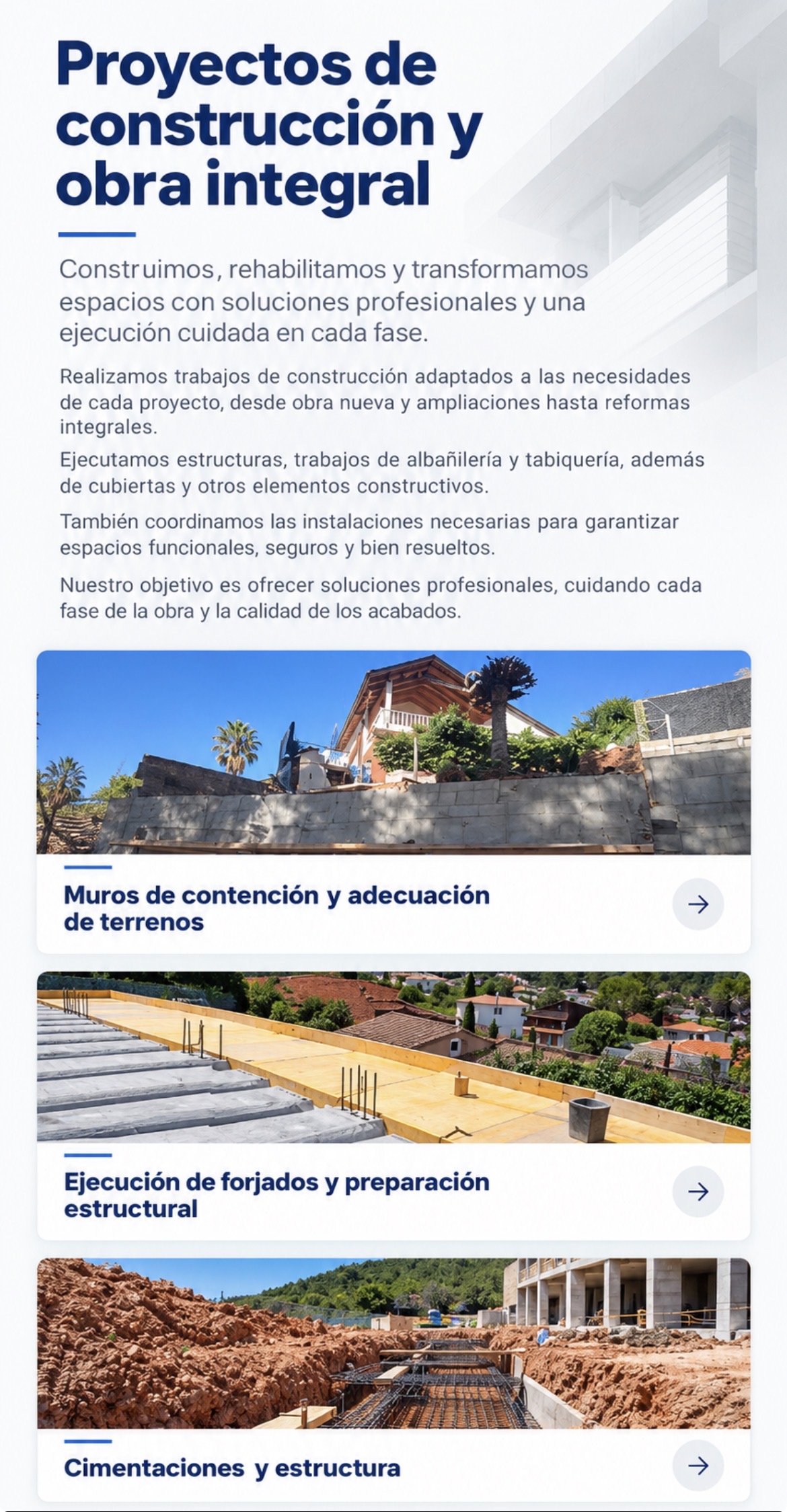 Muros de contención, preparación de estructuras y forjados y cimentacion