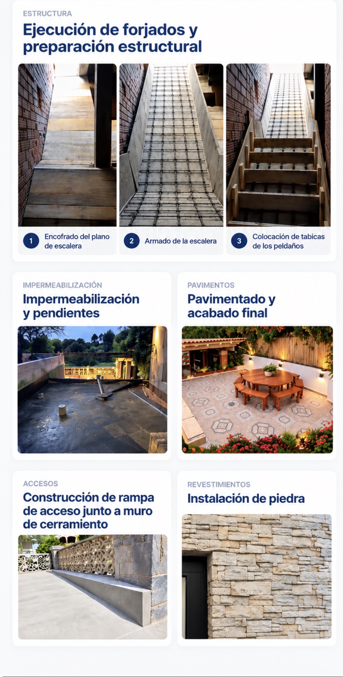 Trabajos de construcción: forjados, impermeabilización, pavimentación, colocación de piedra y rampas de acceso.