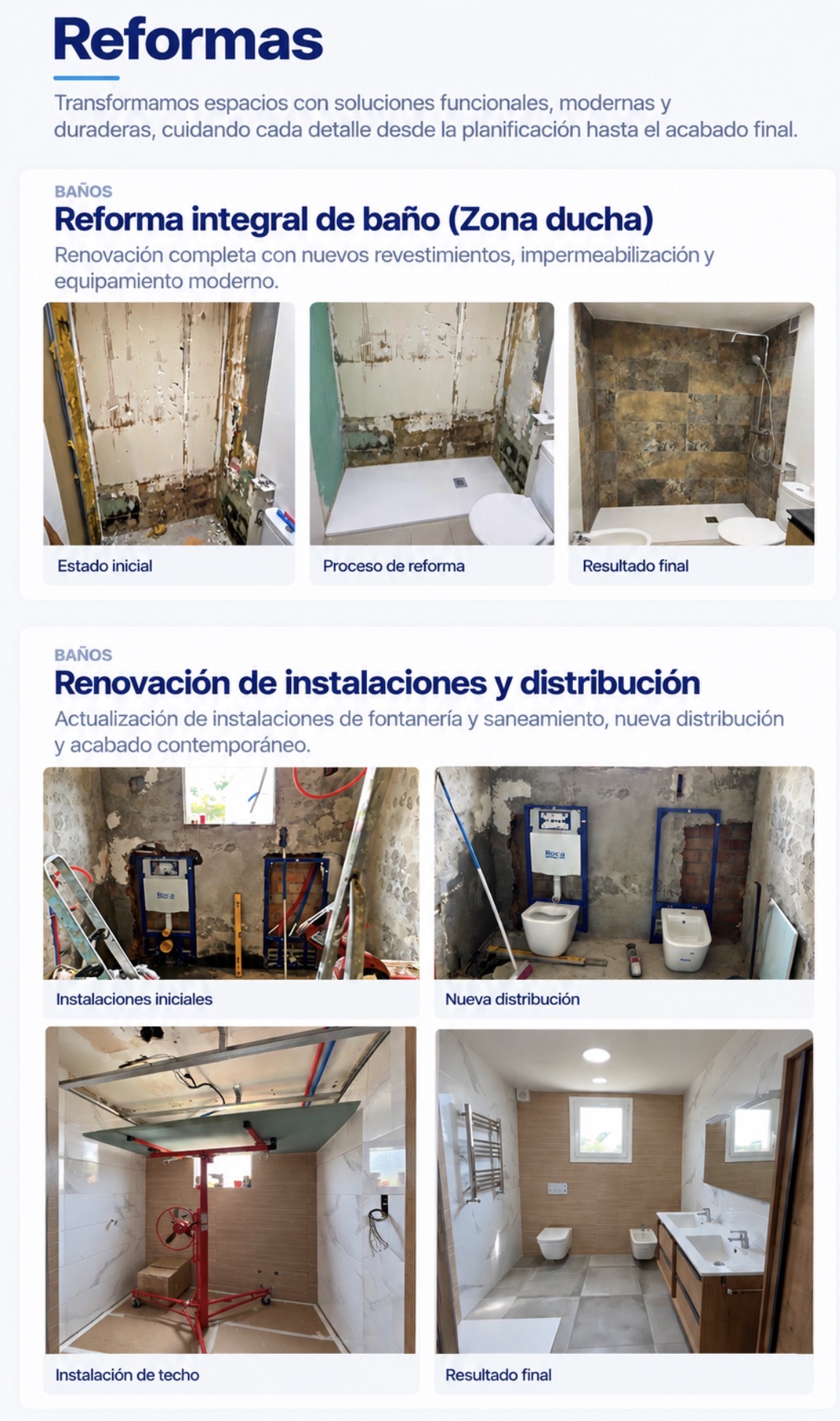 Imagen principal de EB Reformas dedicada a reformas integrales de viviendas. Reforma de baño: estado inicial, proceso de renovación y resultado final.