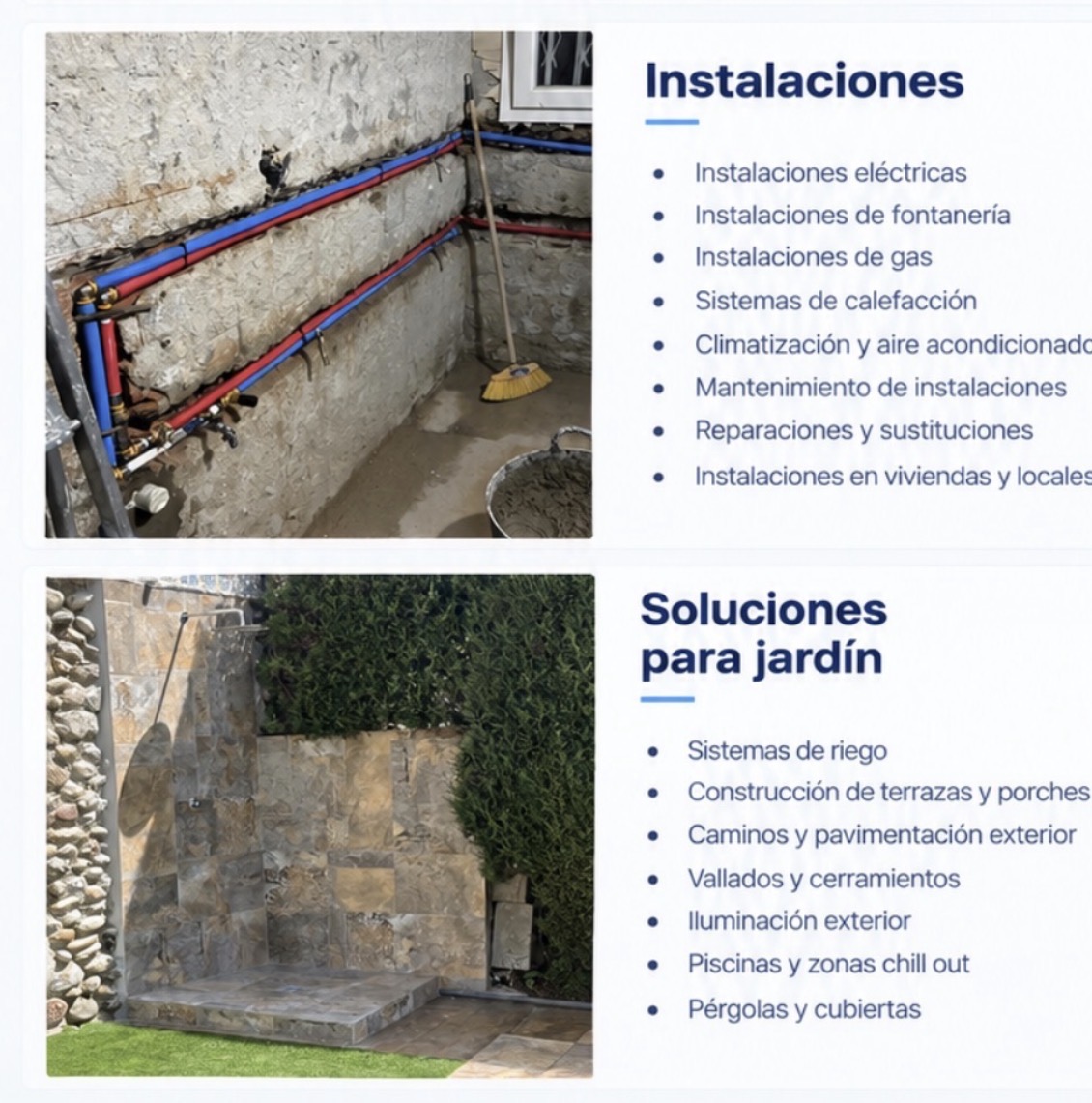Instalacion electrica, fontanería, gas, calefaccion, climatización, construccion de terrazas, cubiertas, piscinas, vallados, cerramientos y pavimentacion exterior